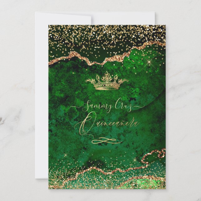 Quinceanera Emerald Green Agate Faux Gold Dust Invitation (Front)