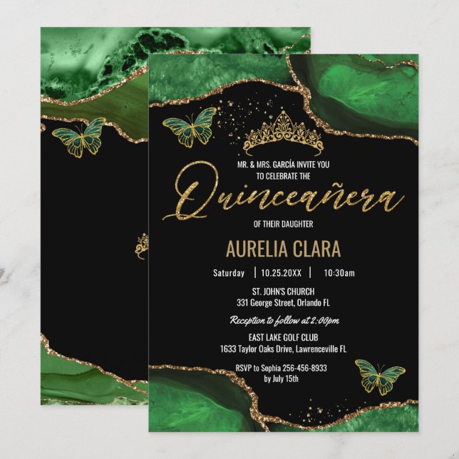 Quinceañera Emerald Green Agate Marble Butterflies Invitation (Front/Back)