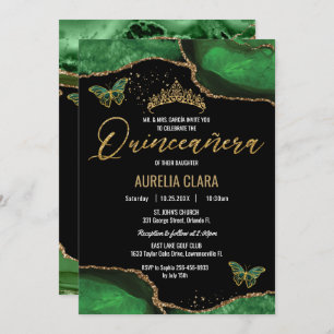 Quinceañera Emerald Green Agate Marble Butterflies Invitation