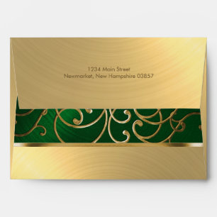 Quinceanera Emerald Green and Gold Filigree Swirls Envelopes