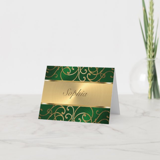 Quinceanera Emerald Green and Gold Filigree Swirls Invitation (Front)