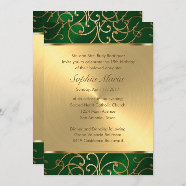 Quinceanera Emerald Green and Gold Filigree Swirls Invitation (Front/Back)
