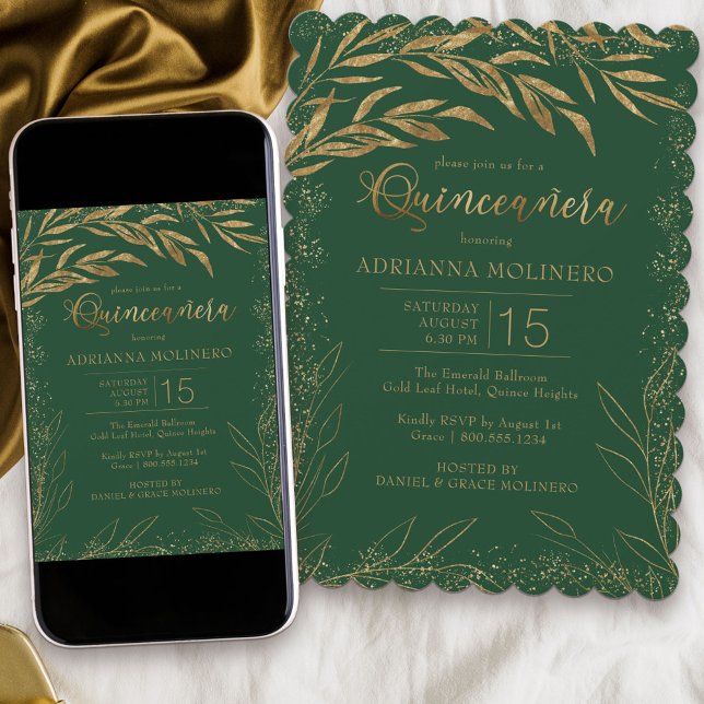 Quinceanera Emerald Green and Gold Leaves Elegant Invitation (Modern Quinceanera invitation in emerald green from my Gold Leaf Collection)