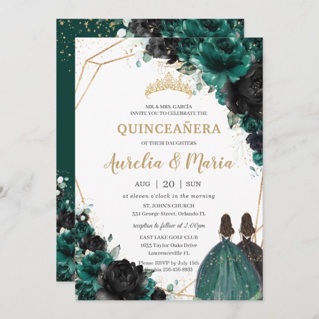 Quinceañera Emerald Green Black Floral Roses Twins Invitation (Front/Back)