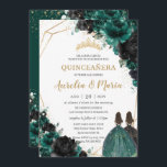 Quinceañera Emerald Green Black Floral Roses Twins Invitation<br><div class="desc">Personalise this lovely quinceañera invitation with own wording easily and quickly,  simply press the customise it button to further re-arrange and format the style and placement of the text.  Matching items available in store!  (c) The Happy Cat Studio</div>