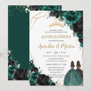Quinceañera Emerald Green Black Floral Roses Twins Invitation