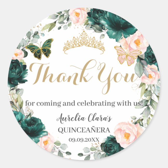 Quinceañera Emerald Green Blush Floral Birthday Classic Round Sticker (Front)