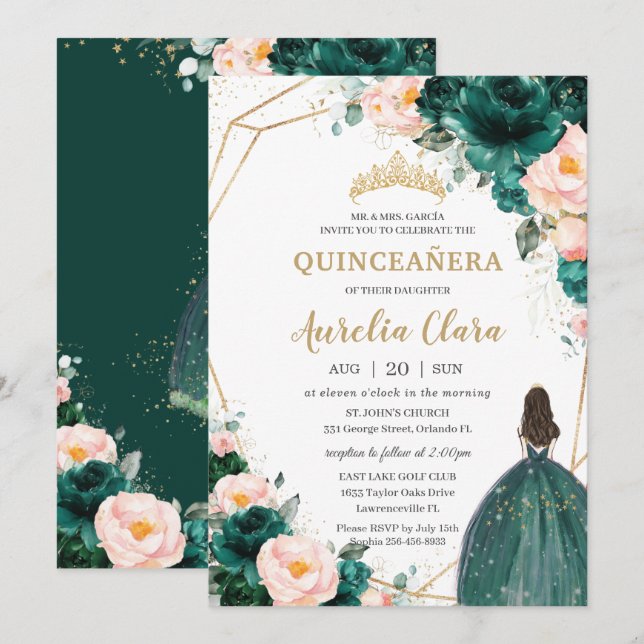 Quinceañera Emerald Green Blush Floral Princess  Invitation (Front/Back)