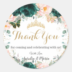 Quinceañera Emerald Green Blush Floral Twins  Classic Round Sticker