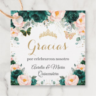 Quinceañera Emerald Green Blush Floral Twins Favour Tags
