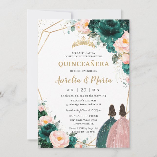 Quinceañera Emerald Green Blush Floral Twins  Invitation (Front)