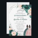 Quinceañera Emerald Green Blush Floral Twins  Invitation<br><div class="desc">Personalise this lovely quinceañera invitation with own wording easily and quickly,  simply press the customise it button to further re-arrange and format the style and placement of the text.  Matching items available in store!  (c) The Happy Cat Studio</div>