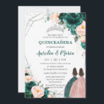 Quinceañera Emerald Green Blush Floral Twins  Invitation<br><div class="desc">Personalise this lovely quinceañera invitation with own wording easily and quickly,  simply press the customise it button to further re-arrange and format the style and placement of the text.  Matching items available in store!  (c) The Happy Cat Studio</div>