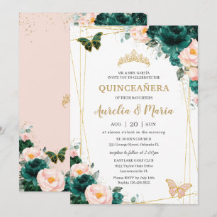Quinceañera Emerald Green Blush Floral Twins Invitation