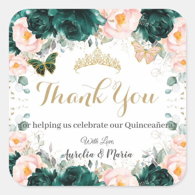 Quinceañera Emerald Green Blush Floral Twins Square Sticker (Front)