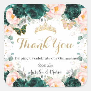Quinceañera Emerald Green Blush Floral Twins Square Sticker