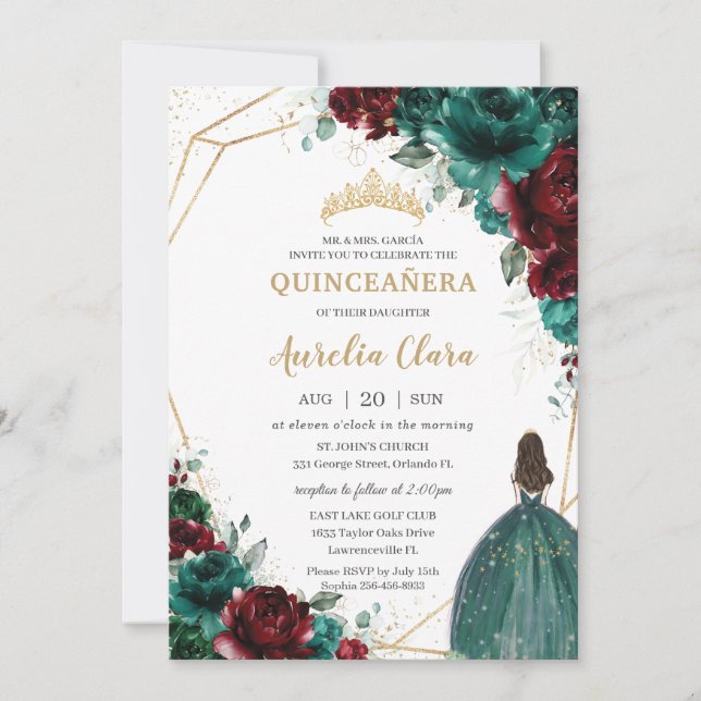 Quinceañera Emerald Green Burgundy Floral Gold Invitation (Front)