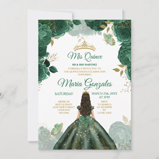 Quinceañera Emerald Green Butterfly Gold Crown Invitation (Front)