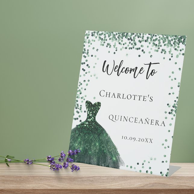 Quinceanera emerald green dress confetti welcome pedestal sign (Creator Uploaded)