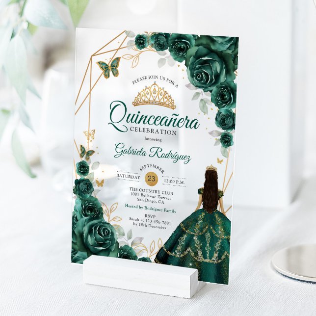 Quinceanera Emerald Green Dress Gold Acrylic Invitations (Creator Uploaded)