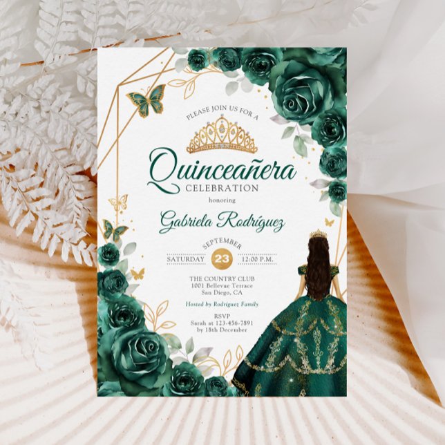 Quinceanera Emerald Green Dress Gold Invitation (Creator Uploaded)