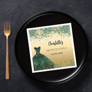 Quinceanera emerald green dress gold napkin