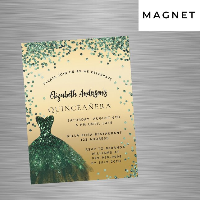 Quinceanera emerald green dress luxury party magnetic invitation (Creator Uploaded)