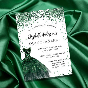 Quinceanera emerald green dress white invitation postcard