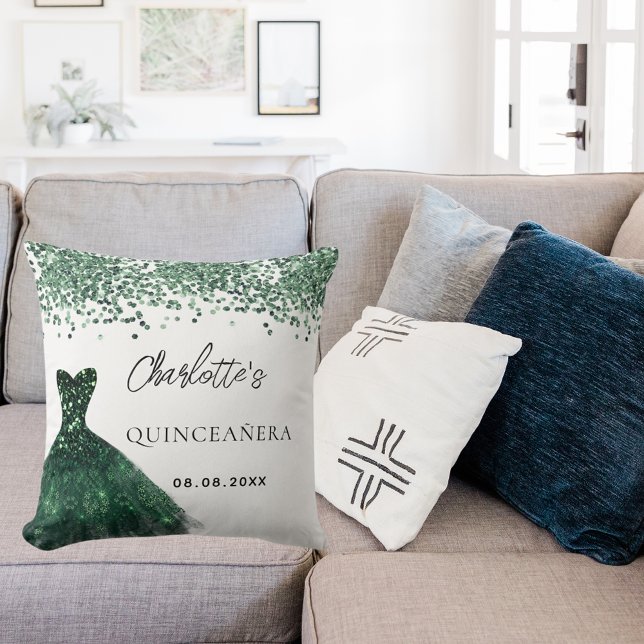 Quinceanera emerald green dress white name cushion (Creator Uploaded)