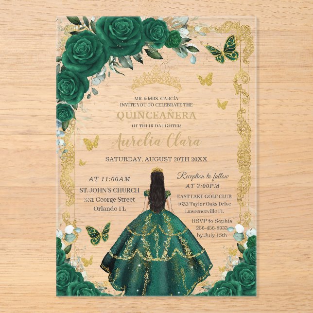 Quinceañera Emerald Green Floral Black Hair Gold Acrylic Invitations (Front)