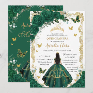 Quinceañera Emerald Green Floral Black Hair Gold Invitation