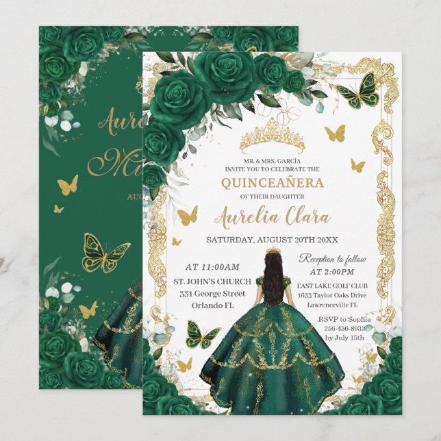 Quinceañera Emerald Green Floral Black Hair Gold Invitation (Front/Back)