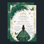 Quinceañera Emerald Green Floral Black Hair Gold Invitation<br><div class="desc">Personalise this lovely quinceañera invitation with your own wording easily and quickly. Click the Edit Using Design Tools button to further edit the text, wording, font style, font size, font colour, add more text, move or remove some images. The butterflies, quince girl and crown are moveable, resizable, multipliable and removable....</div>
