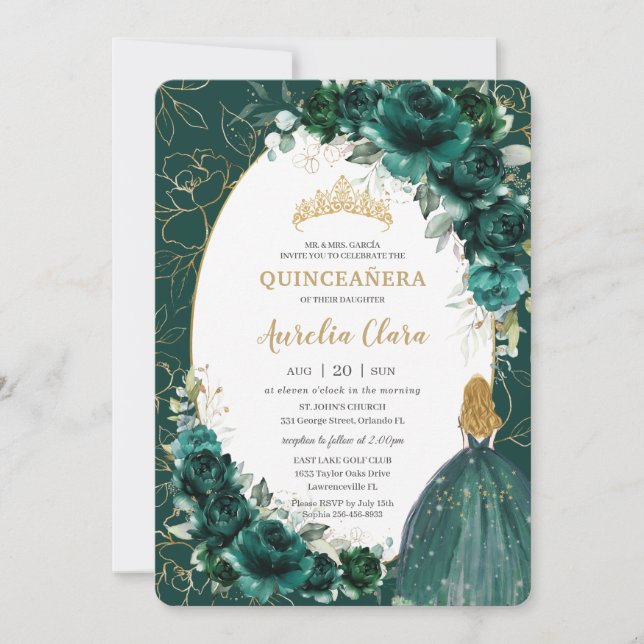 Quinceañera Emerald Green Floral Blonde Princess Invitation (Front)