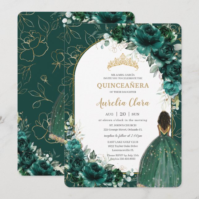 Quinceañera Emerald Green Floral Brown Princess Invitation (Front/Back)