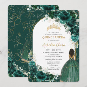 Quinceañera Emerald Green Floral Brown Princess Invitation