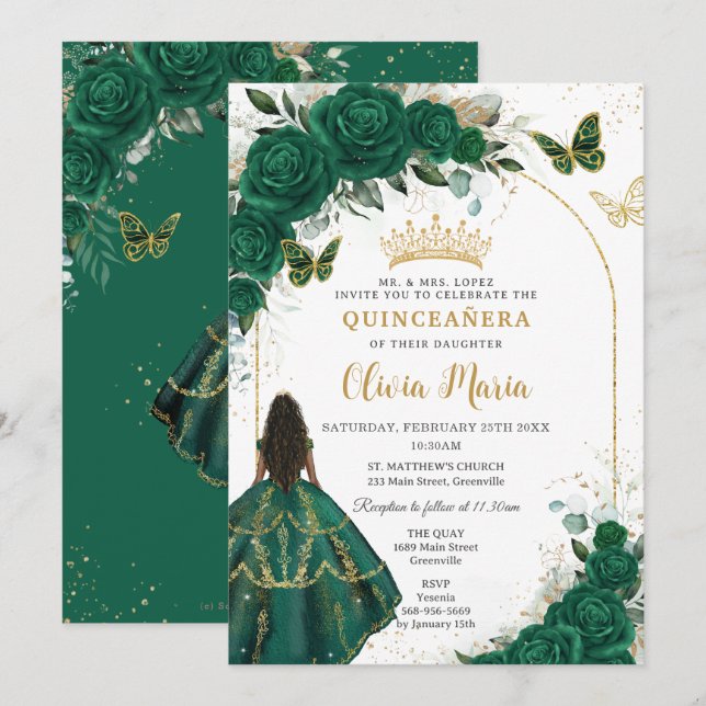 Quinceañera Emerald Green Floral Brown Princess Invitation (Front/Back)