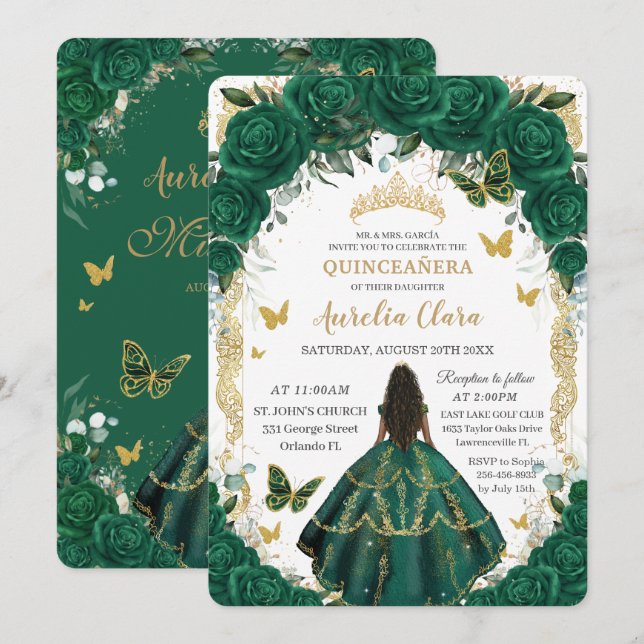 Quinceañera Emerald Green Floral Brown Princess  Invitation (Front/Back)