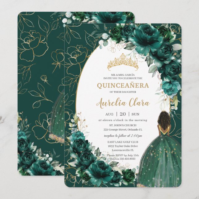 Quinceañera Emerald Green Floral Brown Princess Invitation (Front/Back)
