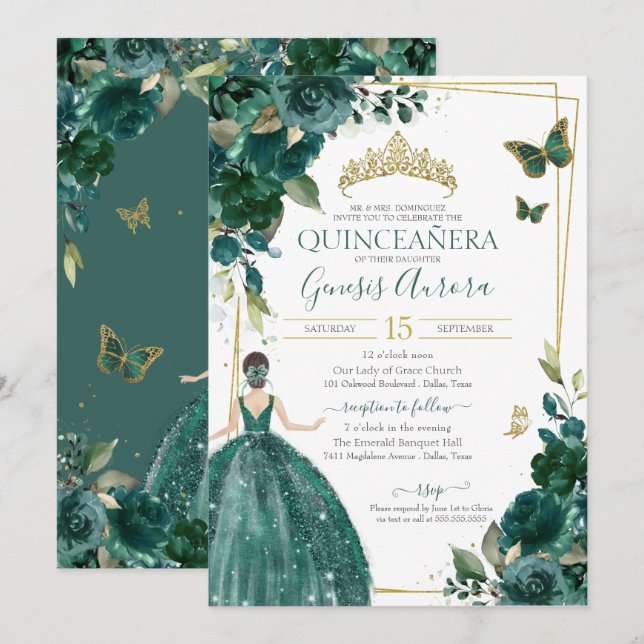 Quinceañera Emerald Green Floral Butterflies Dress Invitation (Front/Back)