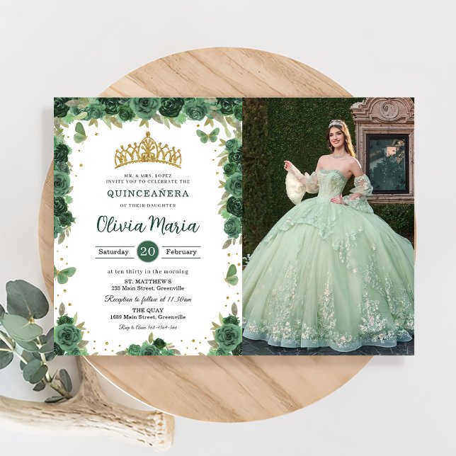 Quinceañera Emerald Green Floral Butterflies Photo Invitation (Creator Uploaded)