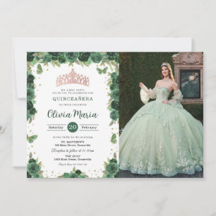 Quinceañera Emerald Green Floral Butterflies Photo Invitation