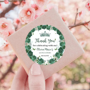 Quinceañera Emerald Green Floral Butterflies Tiara Classic Round Sticker
