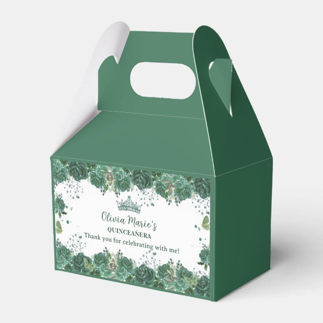 Quinceañera Emerald Green Floral Butterflies Tiara Favour Box (Front Side)