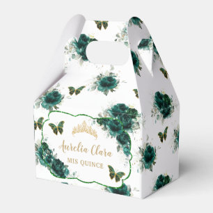 Quinceañera Emerald Green Floral Butterflies Tiara Favour Box