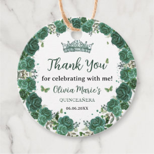 Quinceañera Emerald Green Floral Butterflies Tiara Favour Tags