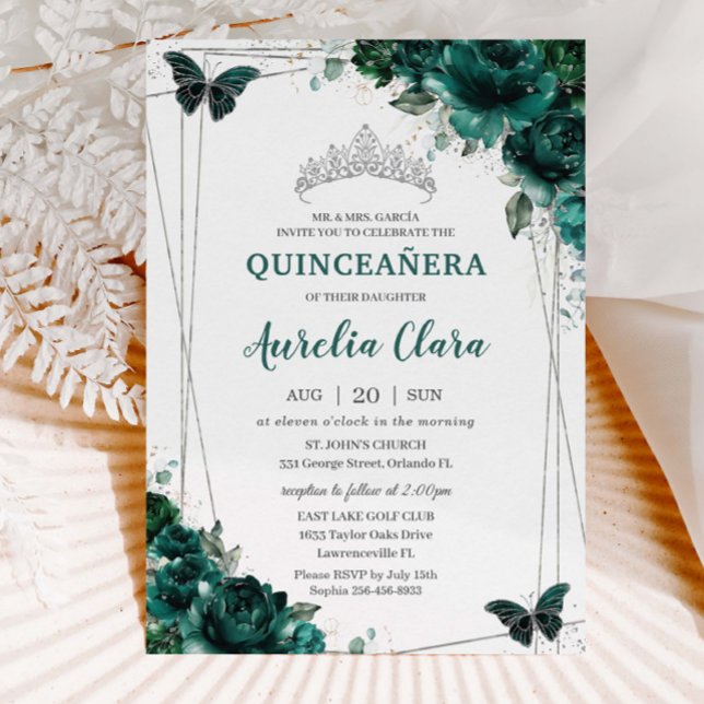 Quinceañera Emerald Green Floral Butterflies Tiara Invitation (Creator Uploaded)