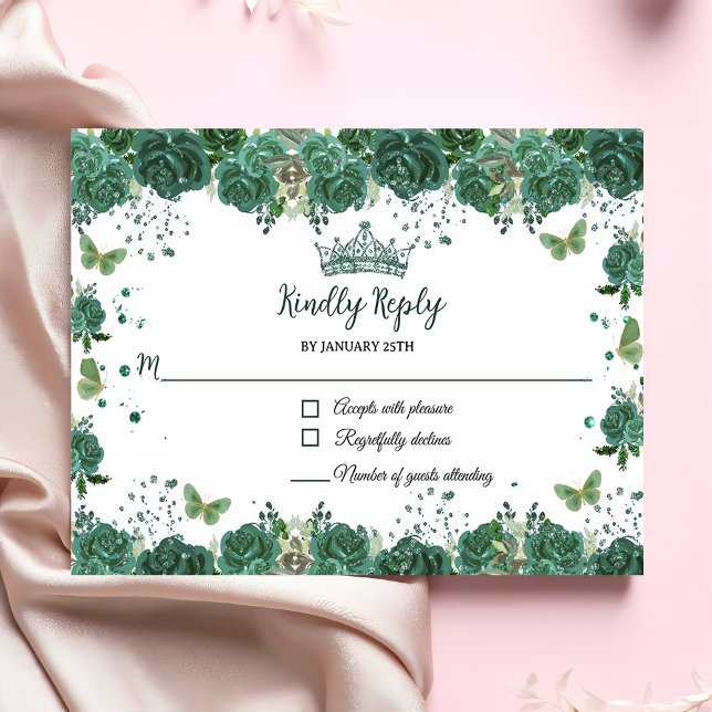 Quinceañera Emerald Green Floral Butterflies Tiara RSVP Card (Creator Uploaded)
