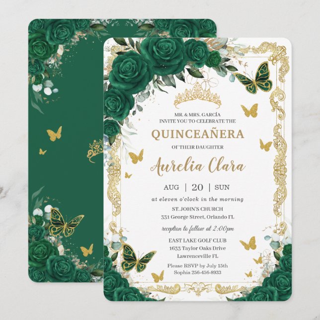 Quinceañera Emerald Green Floral Gold Butterflies  Invitation (Front/Back)