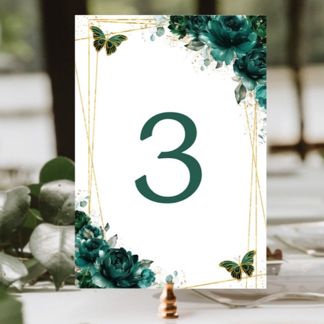Quinceañera Emerald Green Floral Gold Butterflies  Table Number (Creator Uploaded)